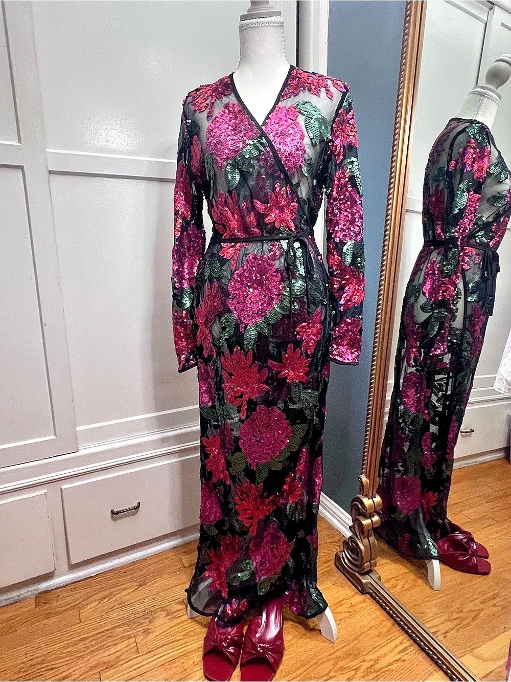Zara Limited Edition Floral Sequinned Kimono Wrap Maxi Dress Size Medium NWT